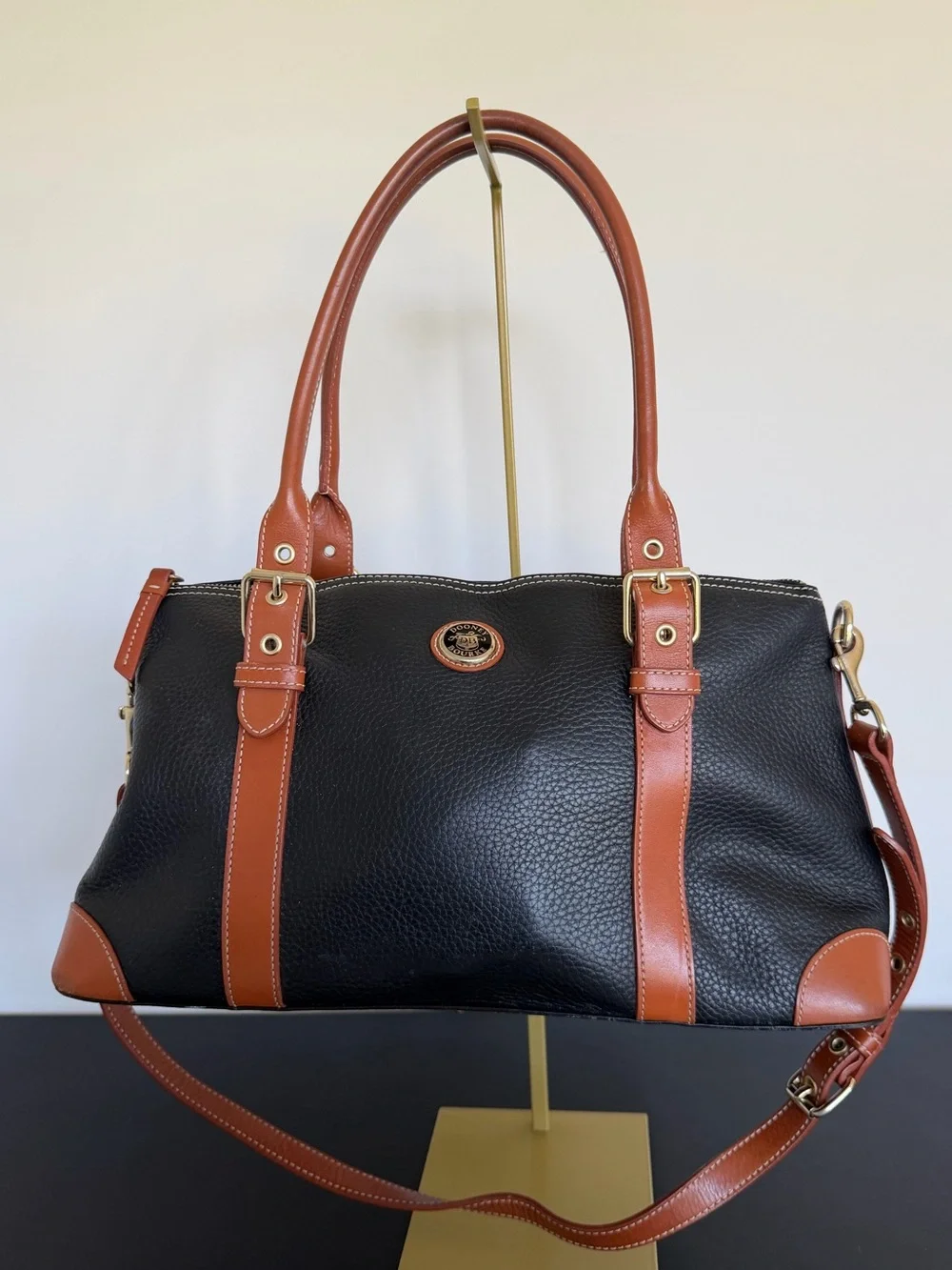 Dooney & Bourke Black Pebbled Leather Cognac Satchel Shoulder Bag